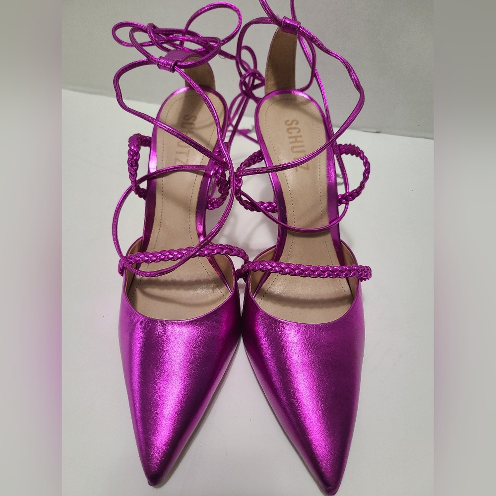 Schutz Lunah Metallic Bright Violet Lace Up Strappy High Stiletto Heels Size 8.5 - Picture 11 of 11